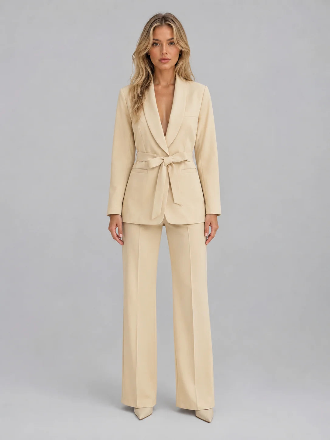 Shawl Collar Blazer and Wide Leg Trouser Set with a Tie Belt