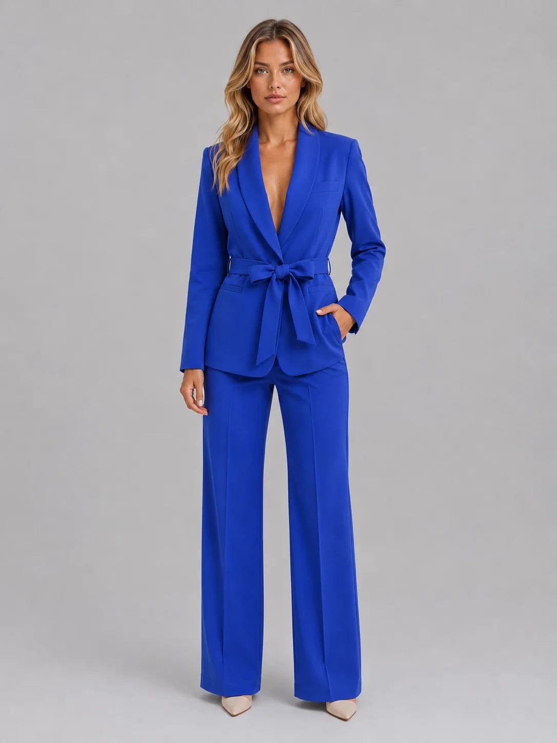 Shawl Collar Blazer and Wide Leg Trouser Set with a Tie Belt