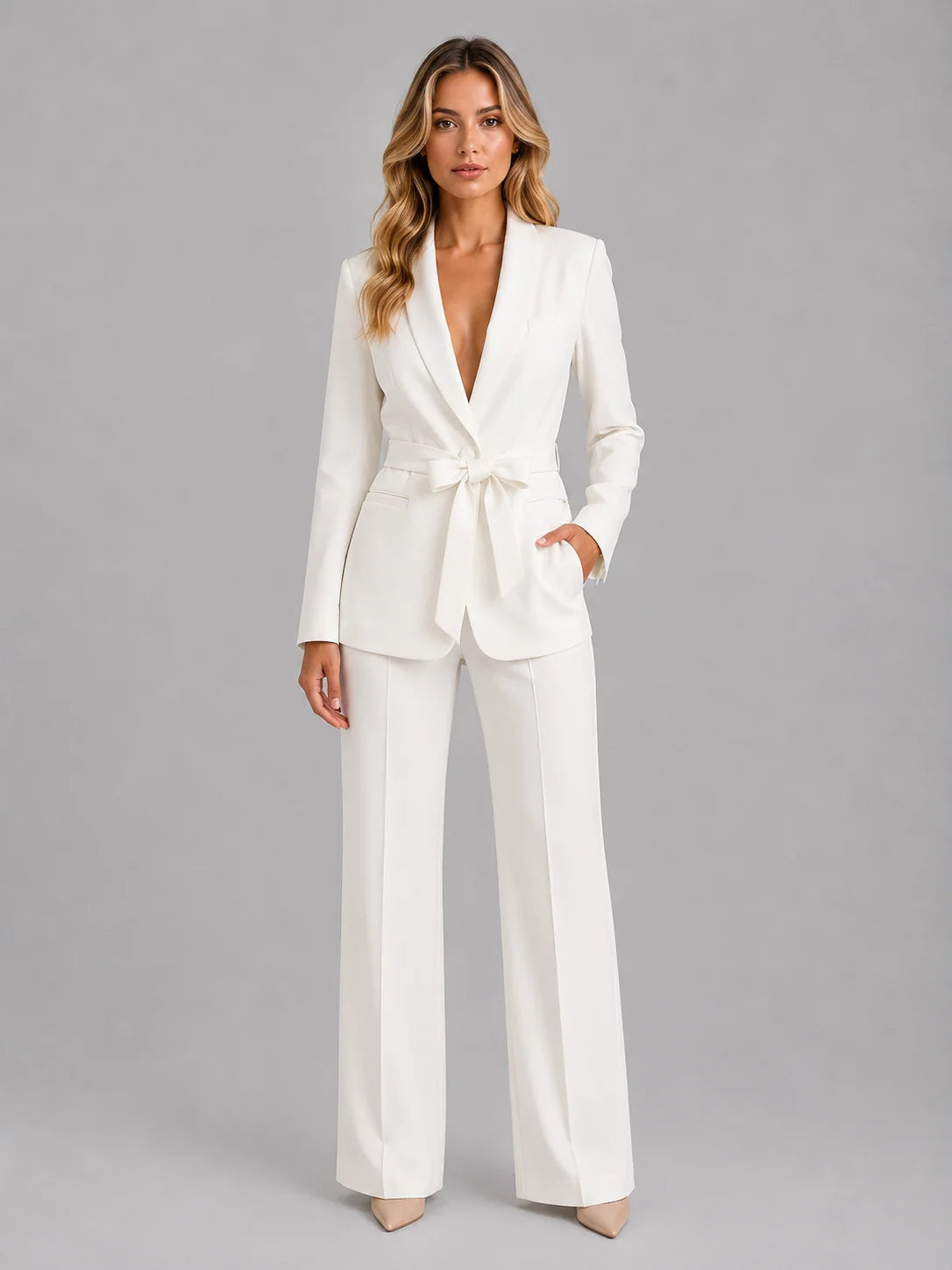 Shawl Collar Blazer and Wide Leg Trouser Set with a Tie Belt