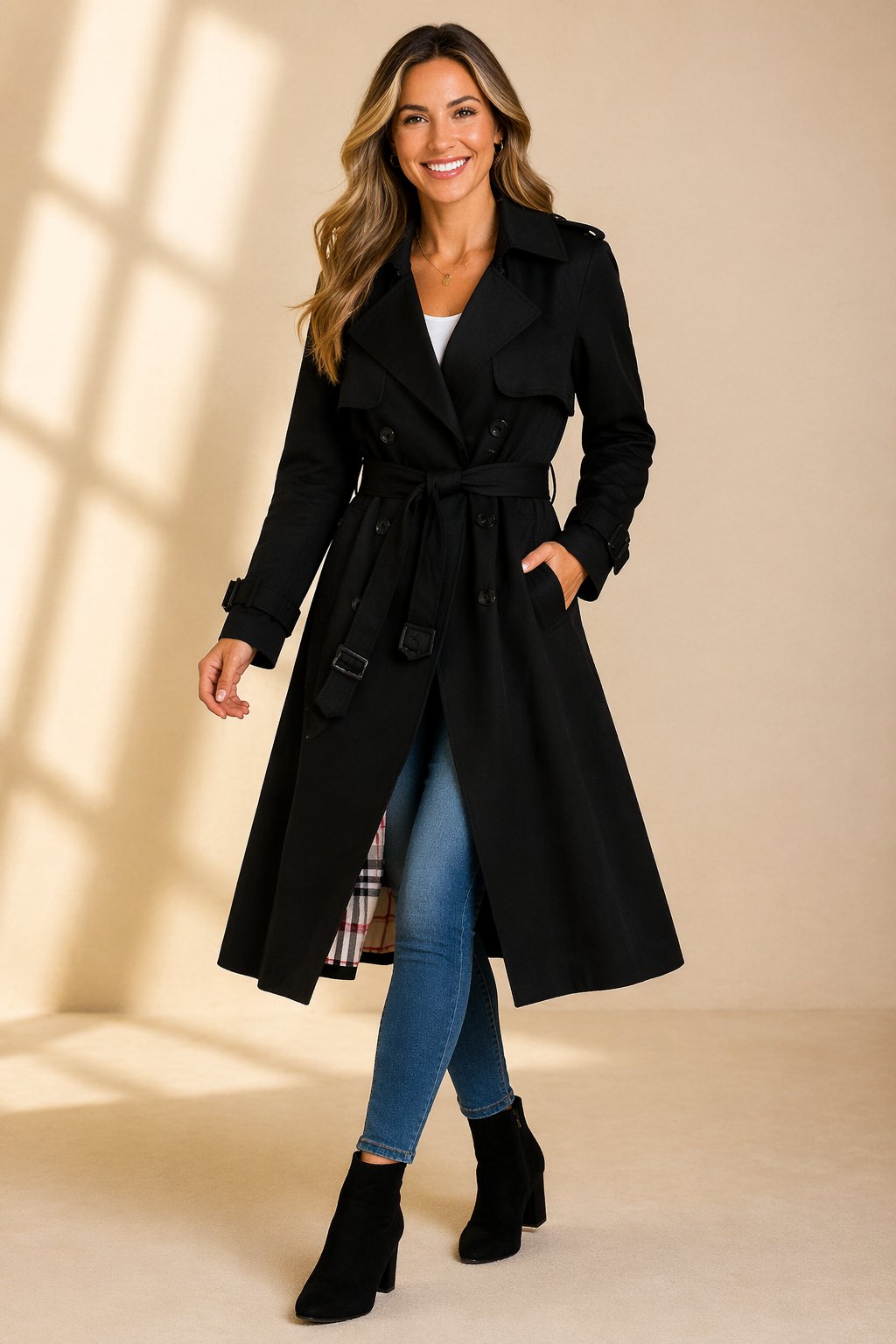 Belted Trench Coat with a Double-Breasted Front and Long Line in Black