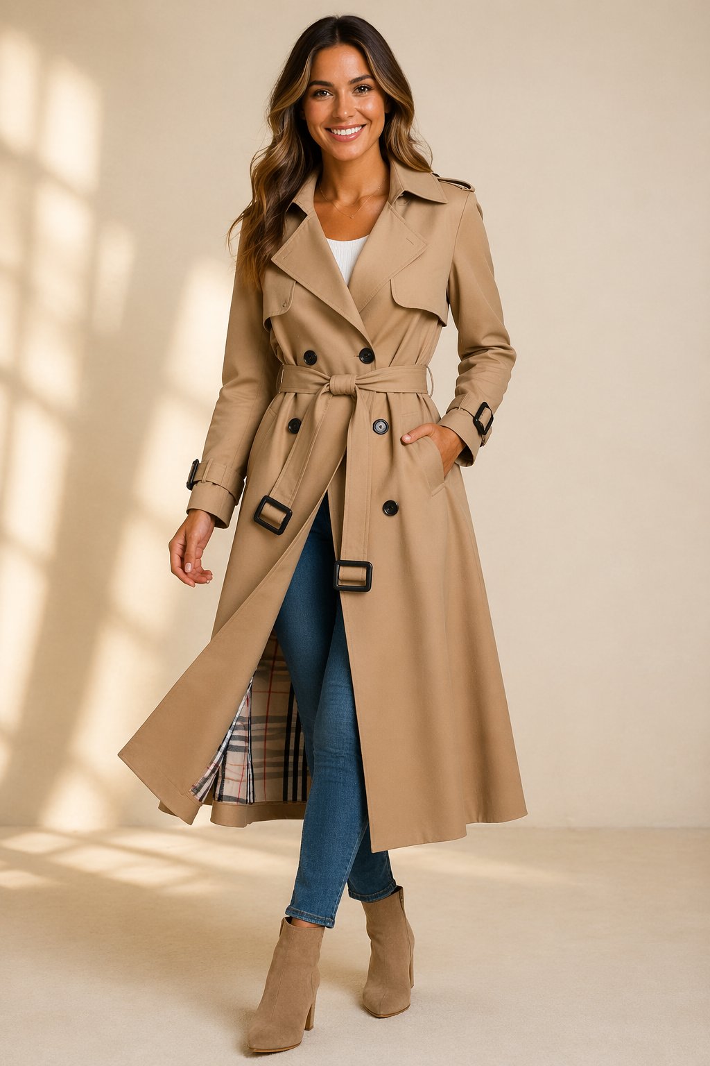 Belted Trench Coat with a Double-Breasted Front and Long Line in Beige