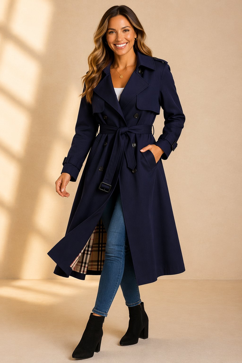 Belted Trench Coat with a Double-Breasted Front and Long Line in Navy Blue