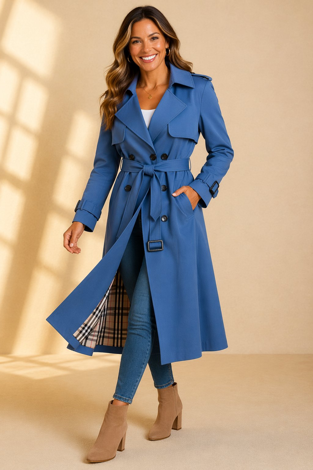 Belted Trench Coat with a Double-Breasted Front and Long Line in Blue