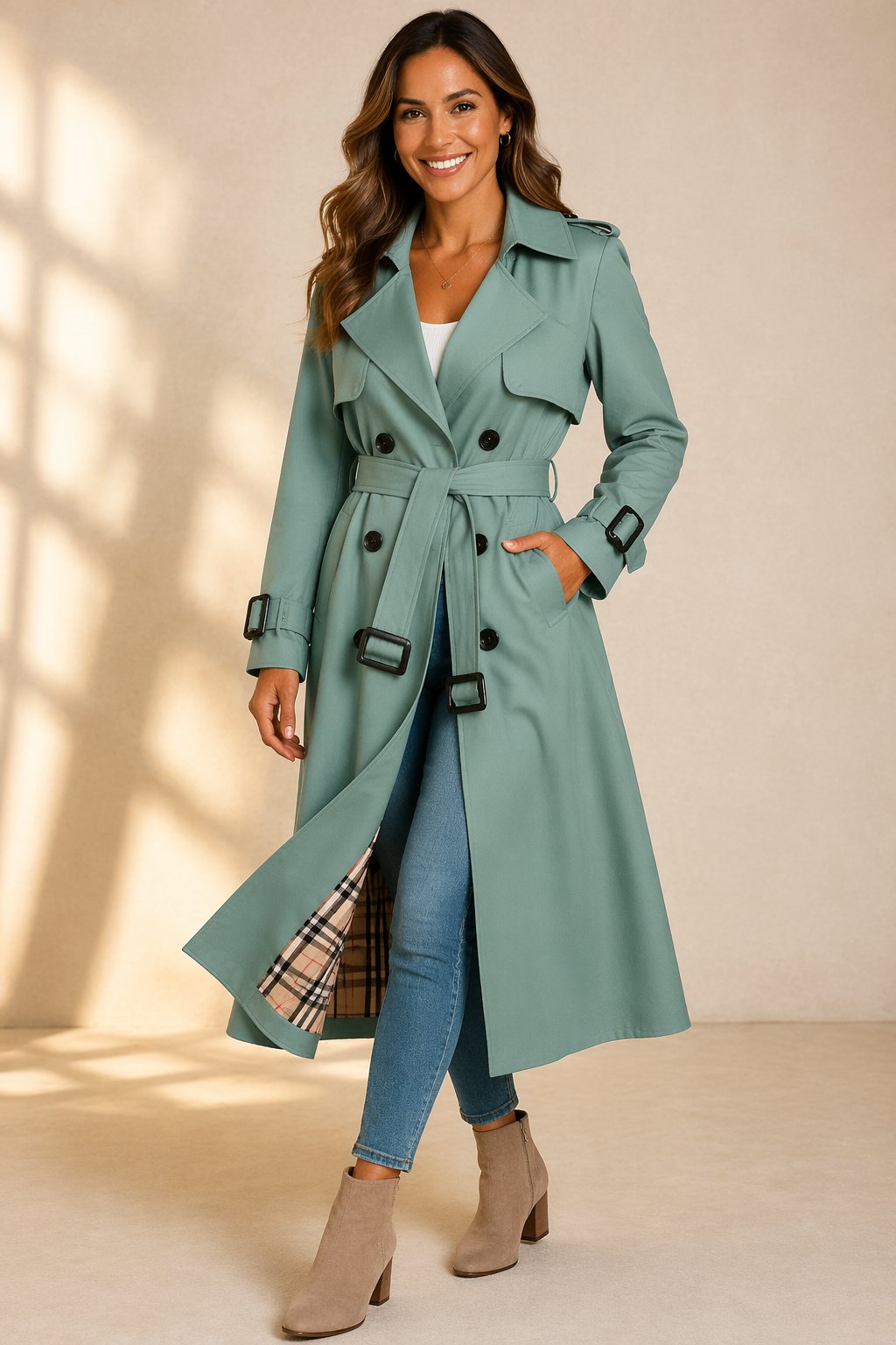 Belted Trench Coat with a Double-Breasted Front and Long Line in Green