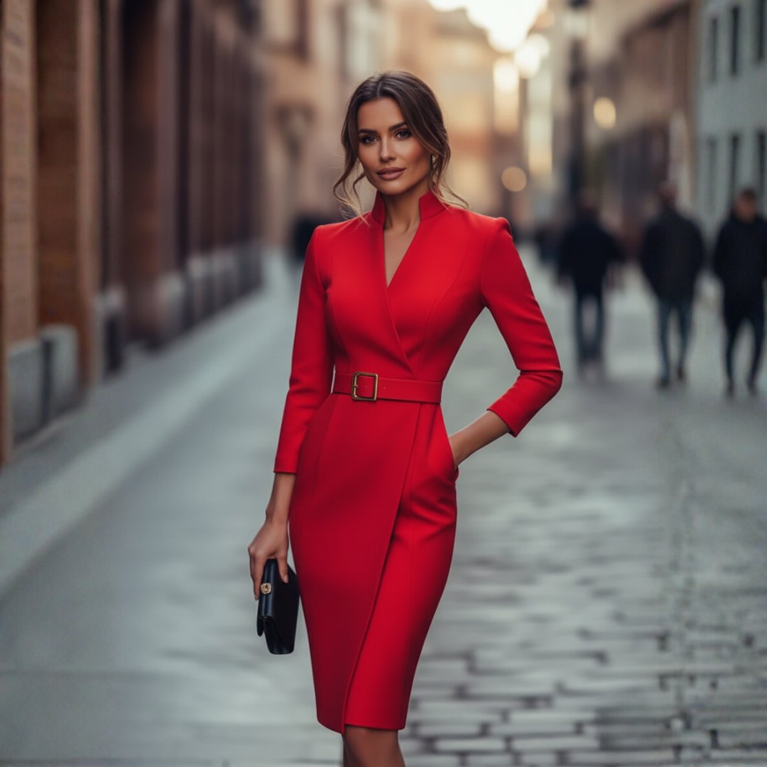 Belted Wrap Midi Dress with a V Neck and Long Sleeves in Red