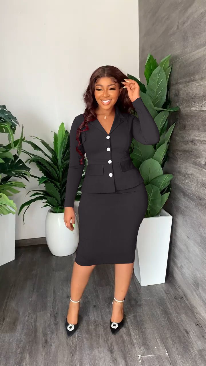 Button Front Blazer and Pencil Skirt Set with a V Neckline in Black