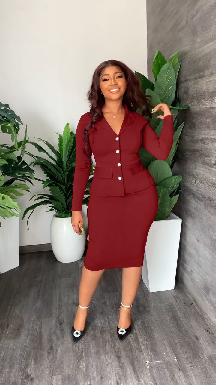Button Front Blazer and Pencil Skirt Set with a V Neckline in Red