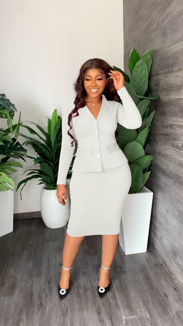 Button Front Blazer and Pencil Skirt Set with a V Neckline in White