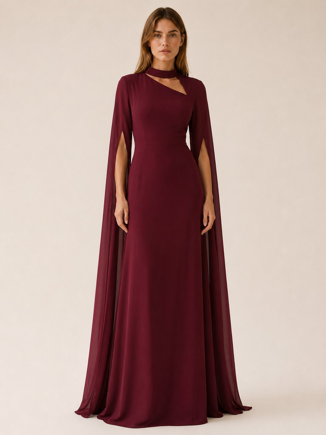 Chiffon Maxi Dress with Cape Sleeves and an Asymmetric Neck in Wine Red