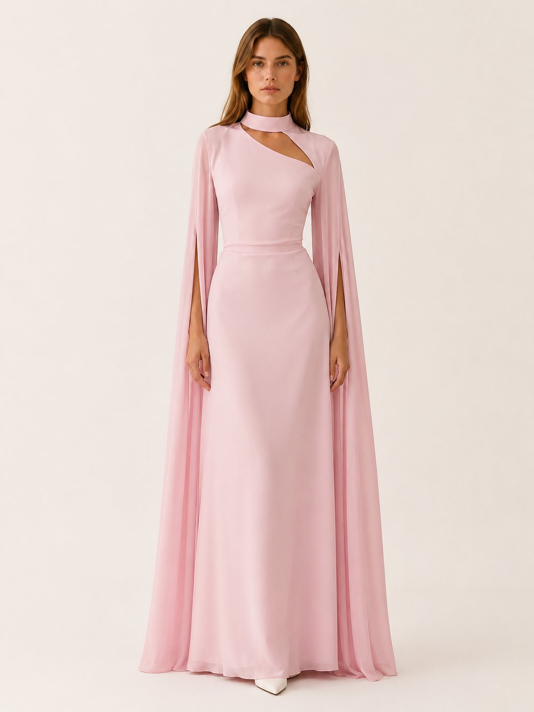 Chiffon Maxi Dress with Cape Sleeves and an Asymmetric Neck in Pink