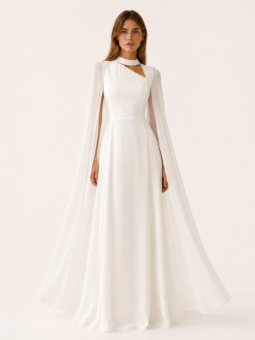 Chiffon Maxi Dress with Cape Sleeves and an Asymmetric Neck in White