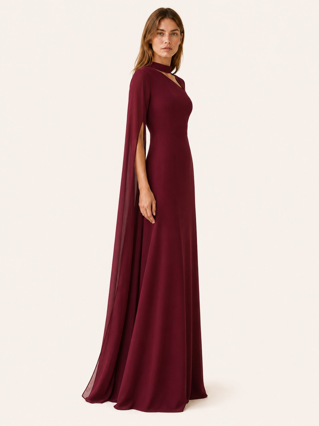 Chiffon Maxi Dress with Cape Sleeves and an Asymmetric Neck