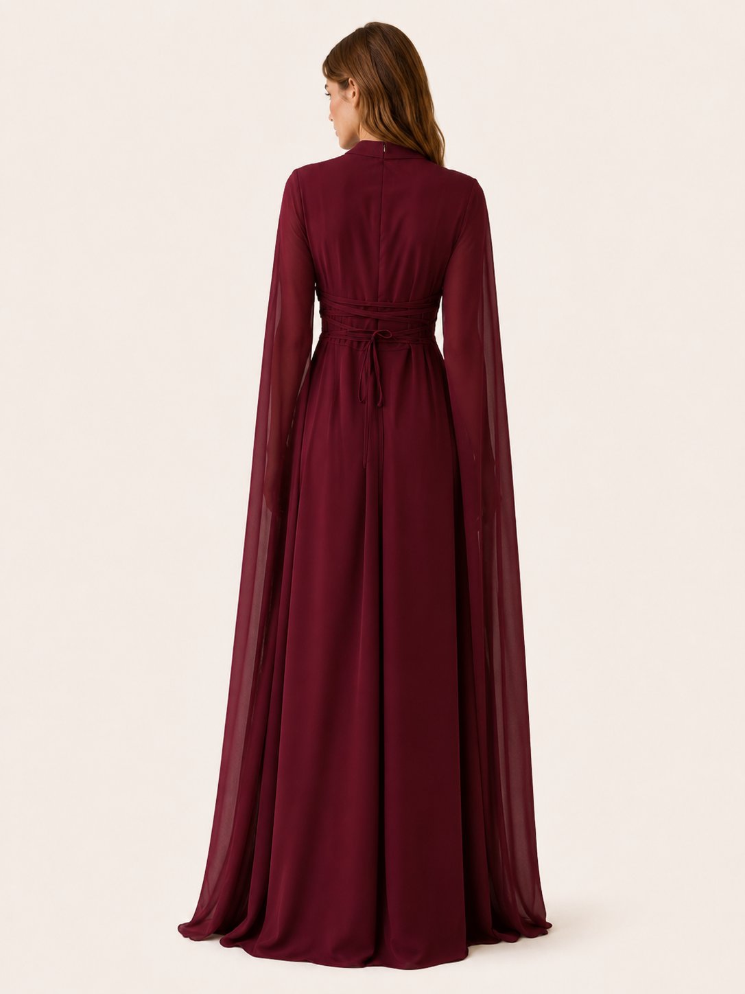 Chiffon Maxi Dress with Cape Sleeves and an Asymmetric Neck