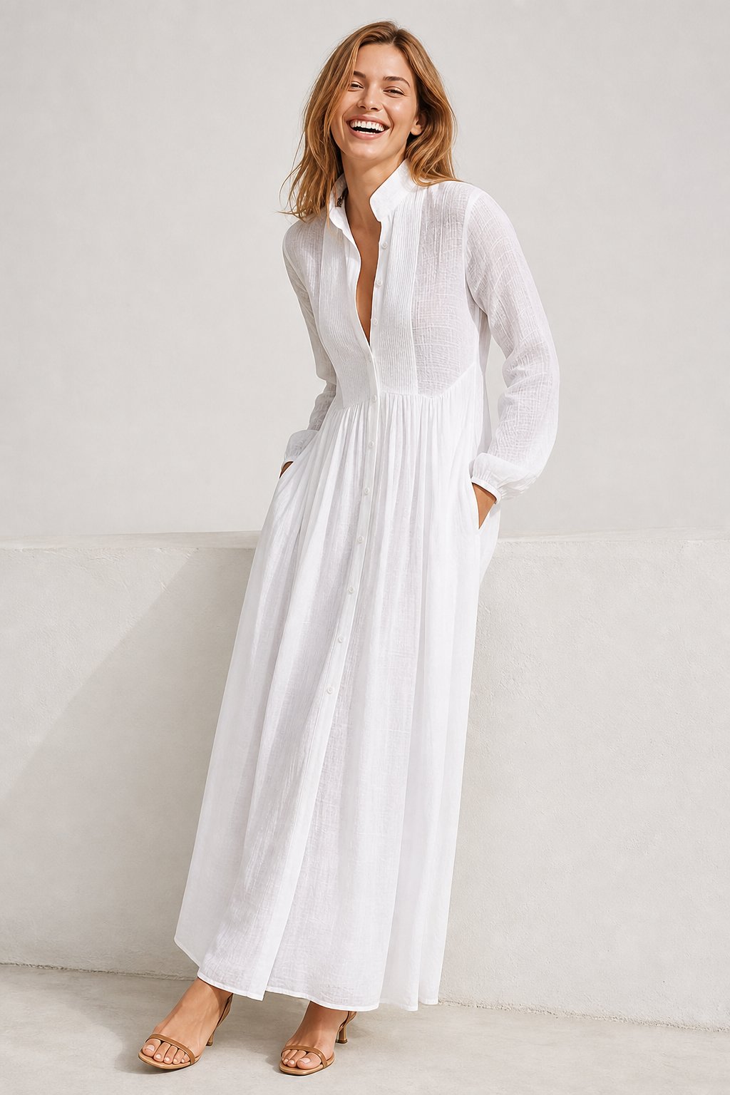Collared A-Line Maxi Dress with a Deep Placket and Pleats in White