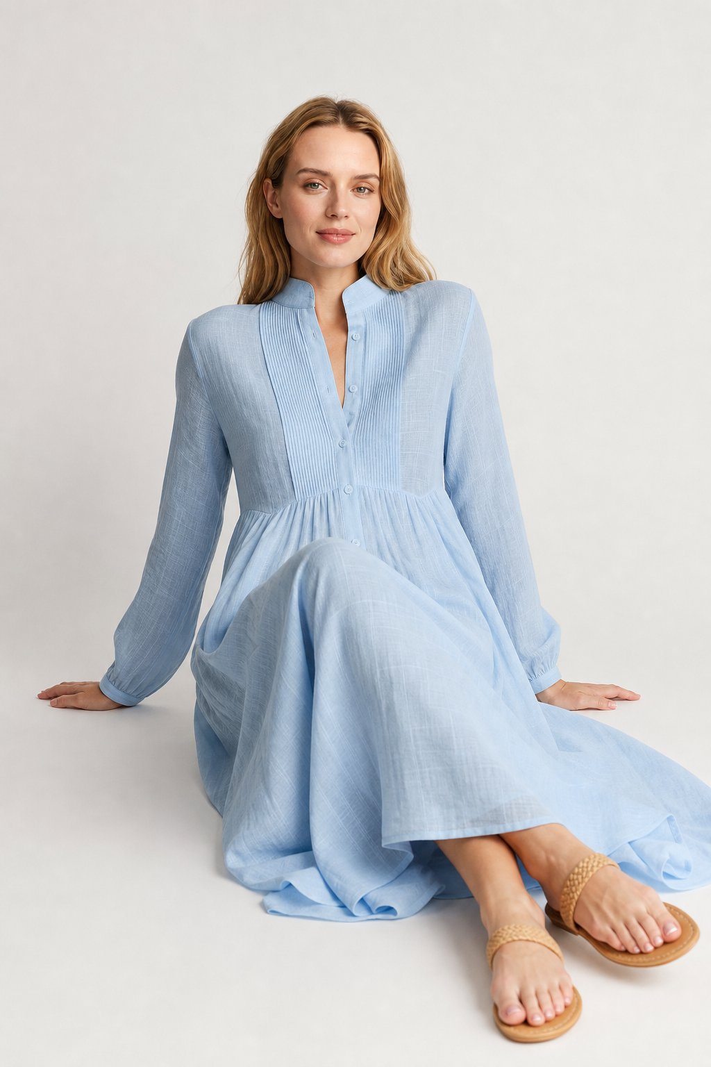 Collared A-Line Maxi Dress with a Deep Placket and Pleats in Light Blue