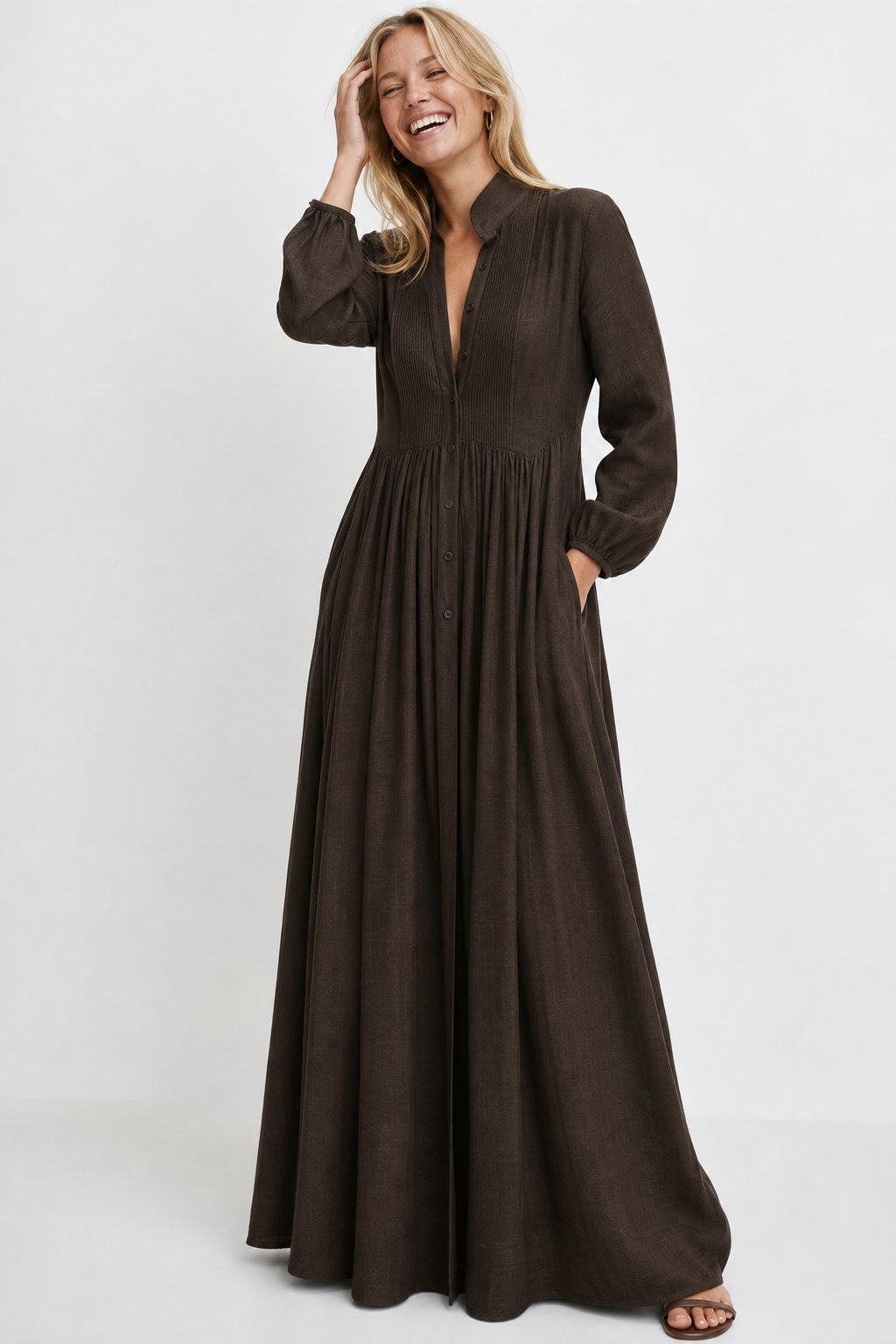 Collared A-Line Maxi Dress with a Deep Placket and Pleats in Brown