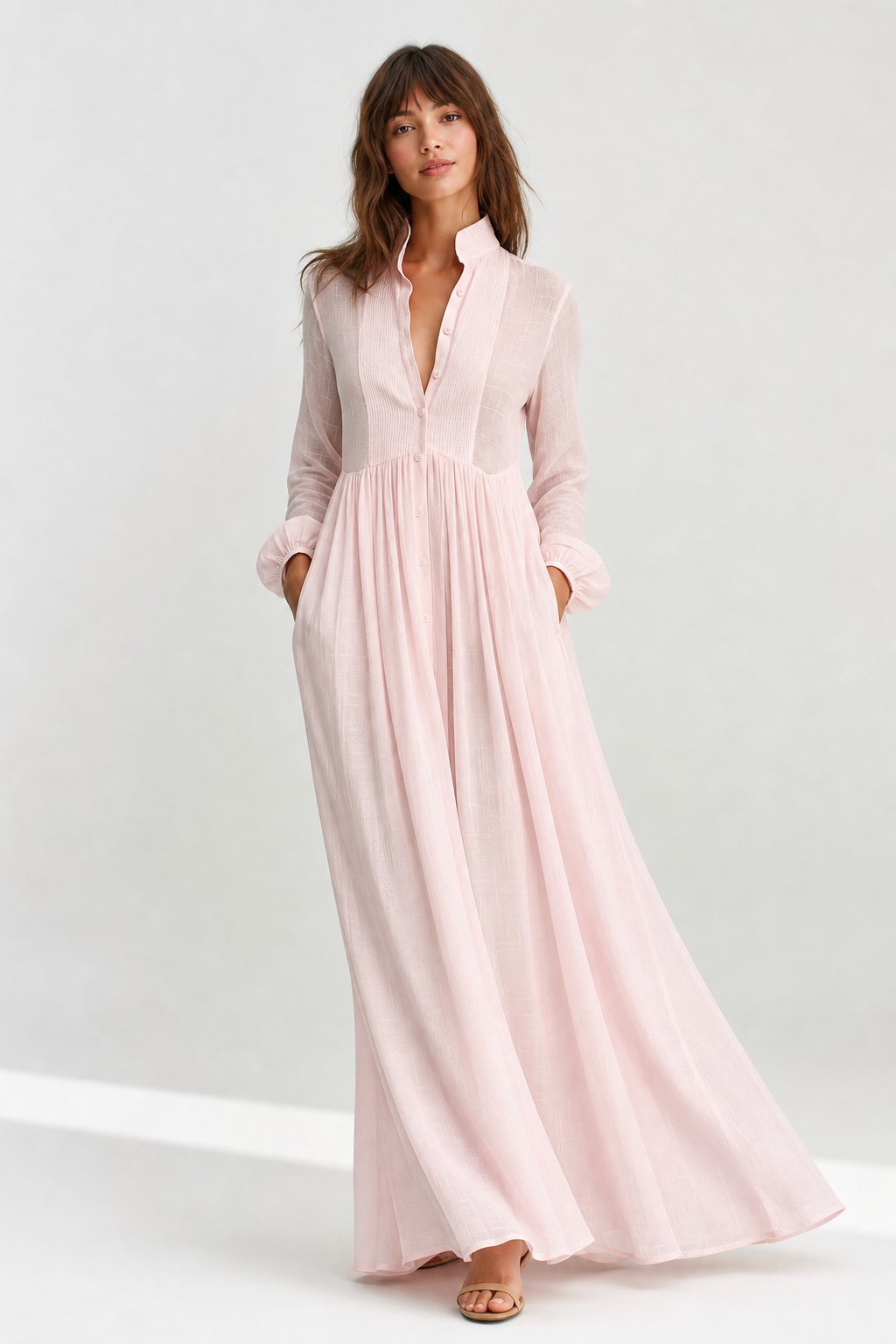 Collared A-Line Maxi Dress with a Deep Placket and Pleats in Pink