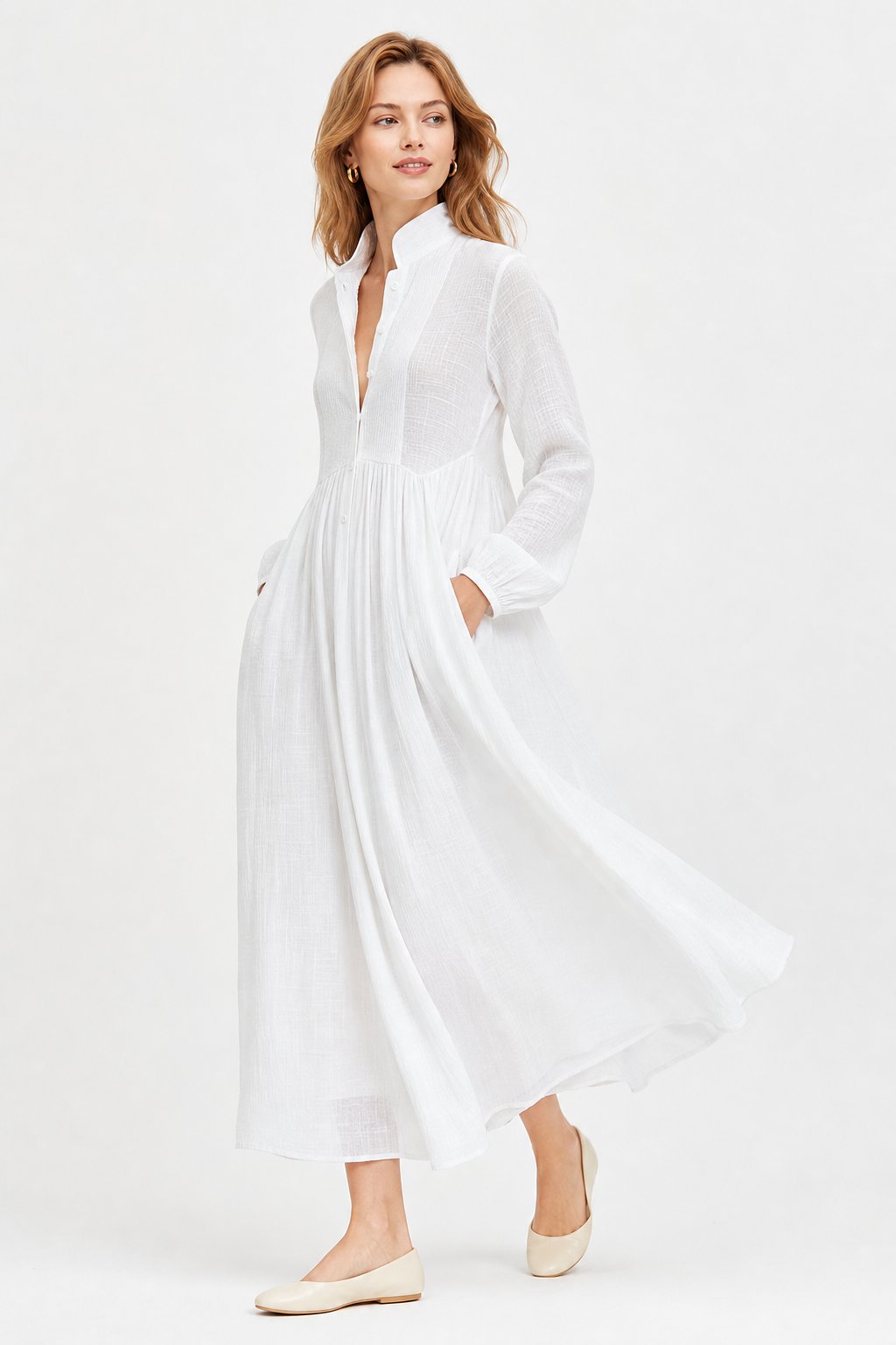 Collared A-Line Maxi Dress with a Deep Placket and Pleats