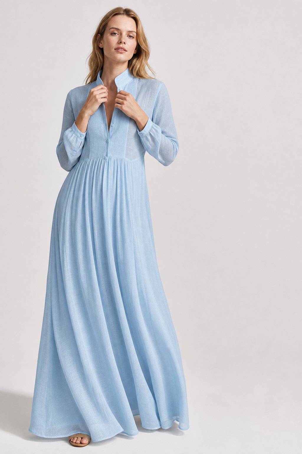 Collared A-Line Maxi Dress with a Deep Placket and Pleats