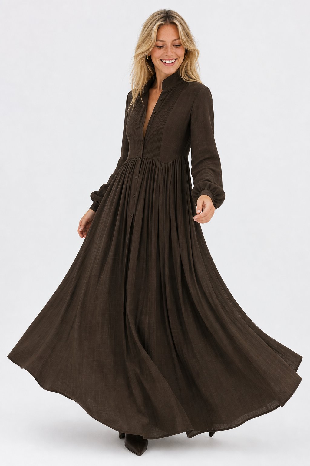 Collared A-Line Maxi Dress with a Deep Placket and Pleats