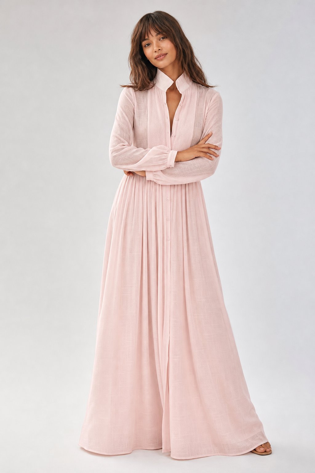 Collared A-Line Maxi Dress with a Deep Placket and Pleats