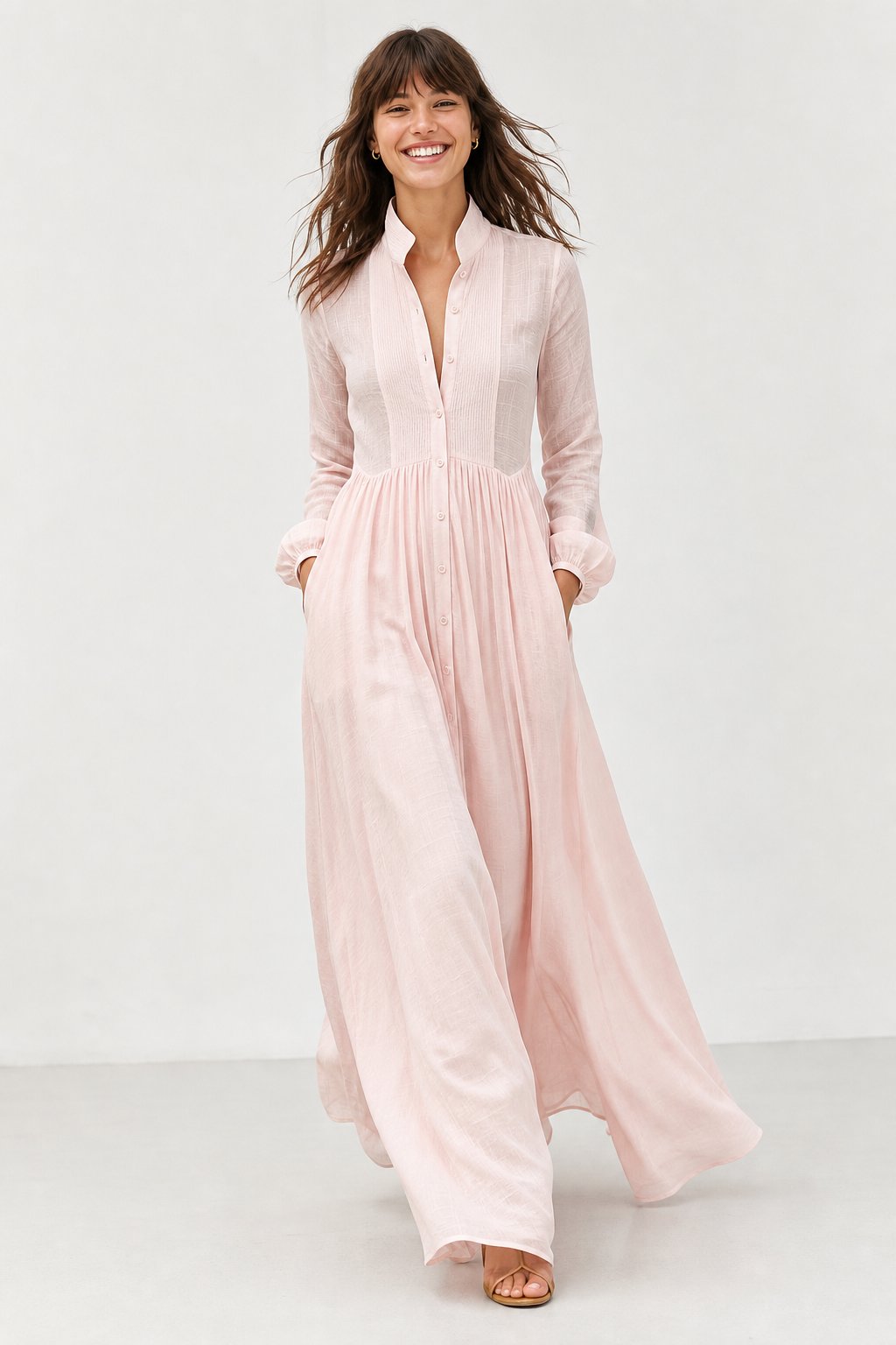 Collared A-Line Maxi Dress with a Deep Placket and Pleats