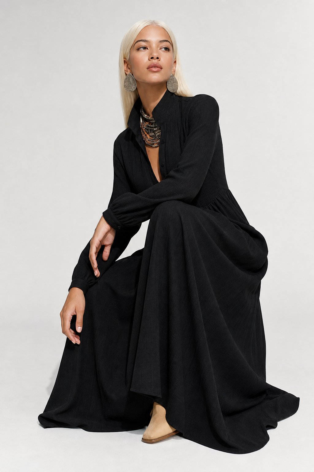 Collared A-Line Maxi Dress with a Deep Placket and Pleats