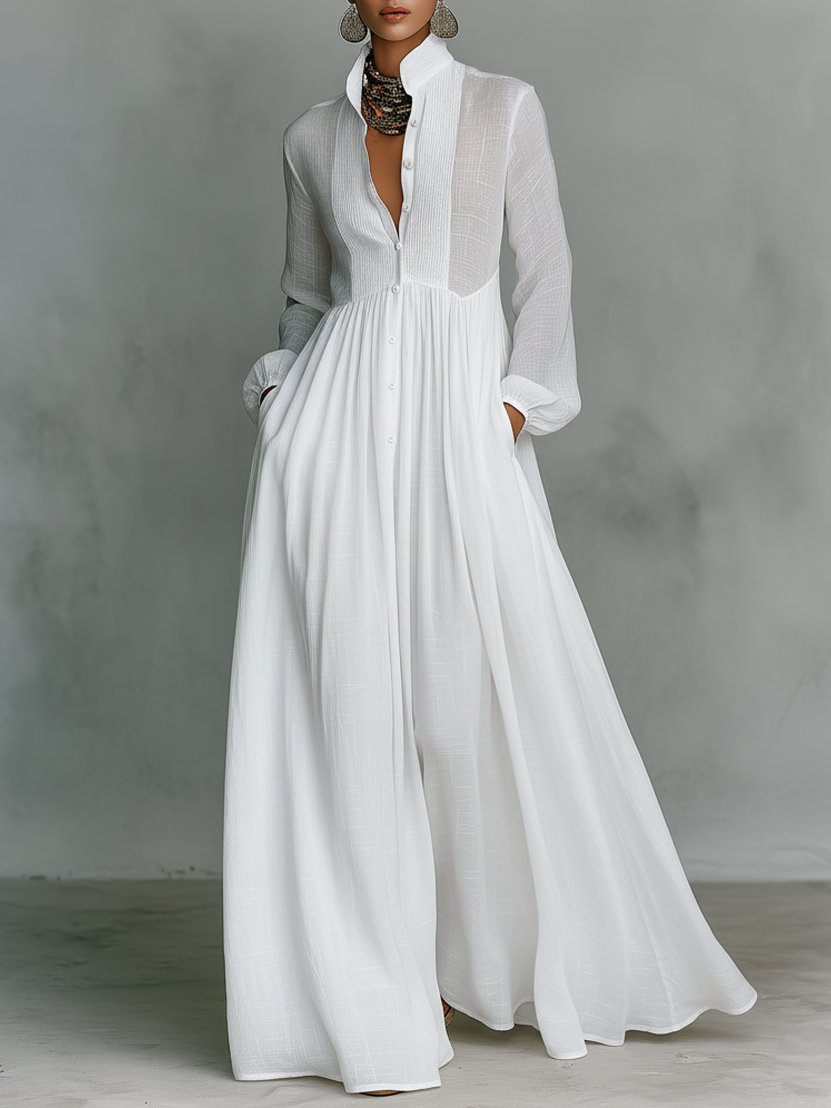 Collared A-Line Maxi Dress with a Deep Placket and Pleats