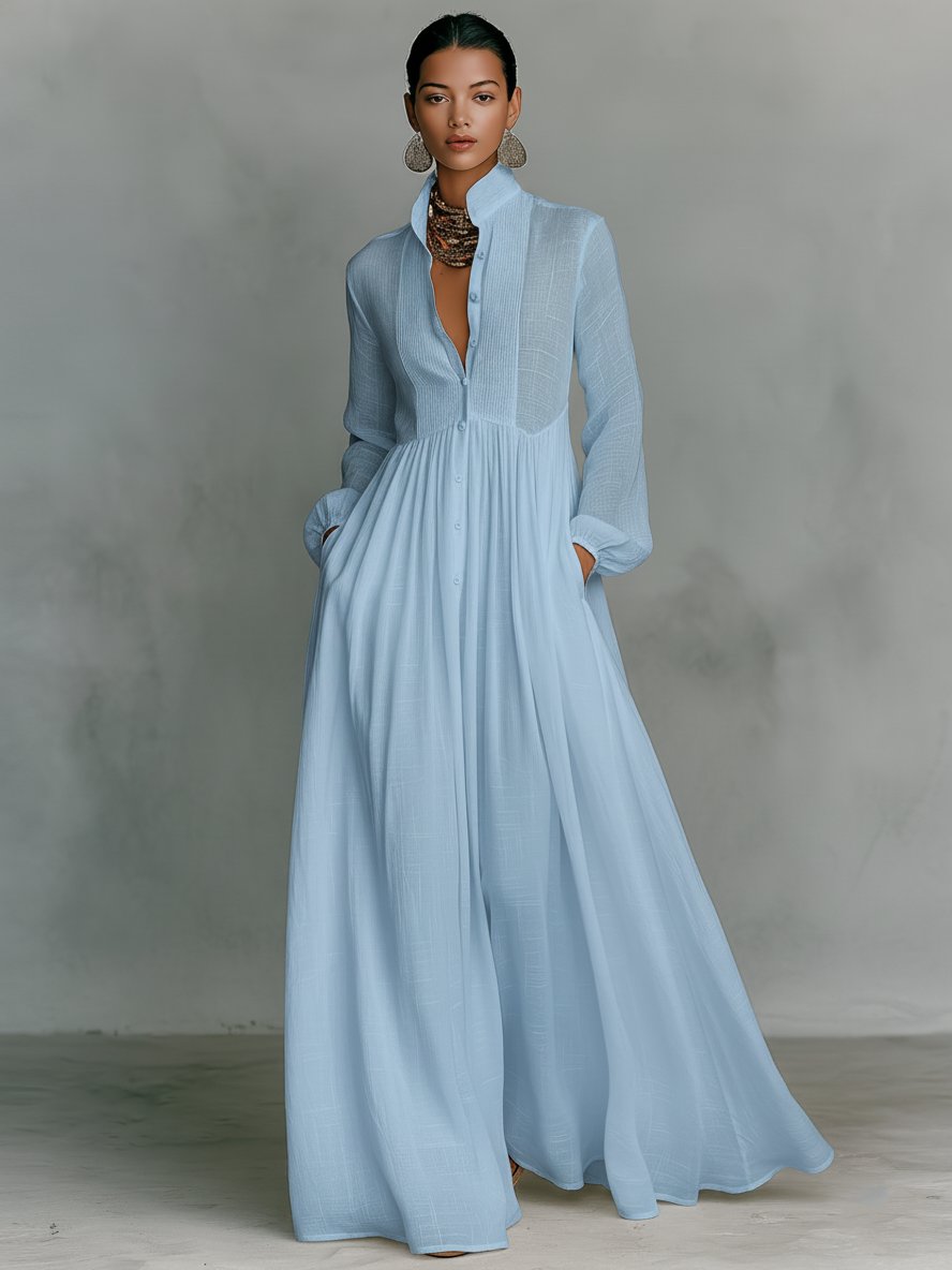 Collared A-Line Maxi Dress with a Deep Placket and Pleats