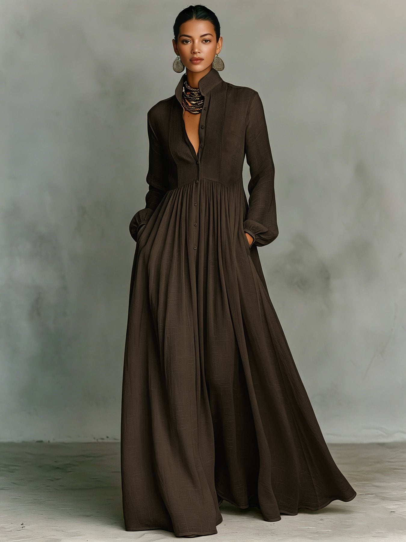 Collared A-Line Maxi Dress with a Deep Placket and Pleats