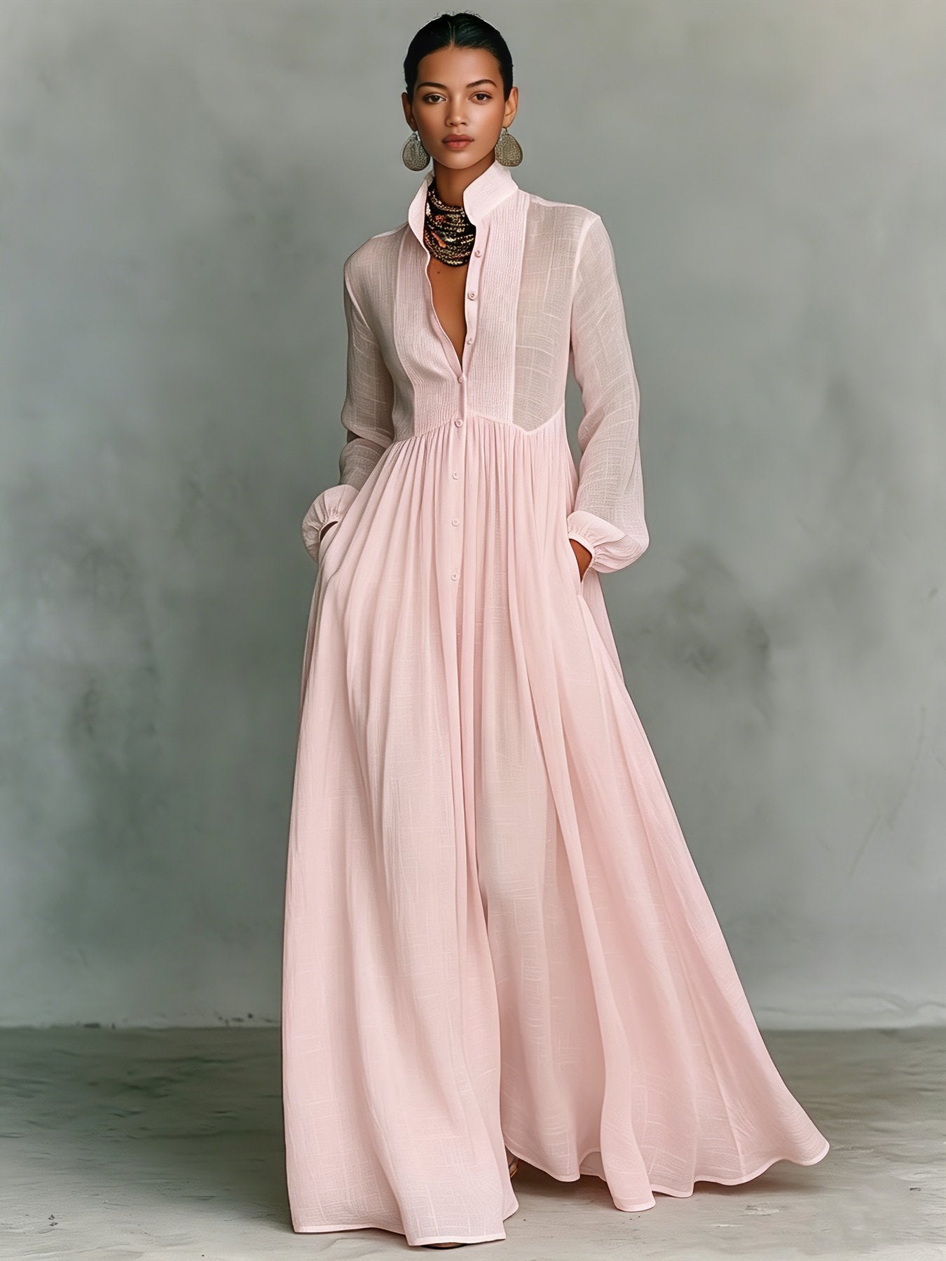 Collared A-Line Maxi Dress with a Deep Placket and Pleats
