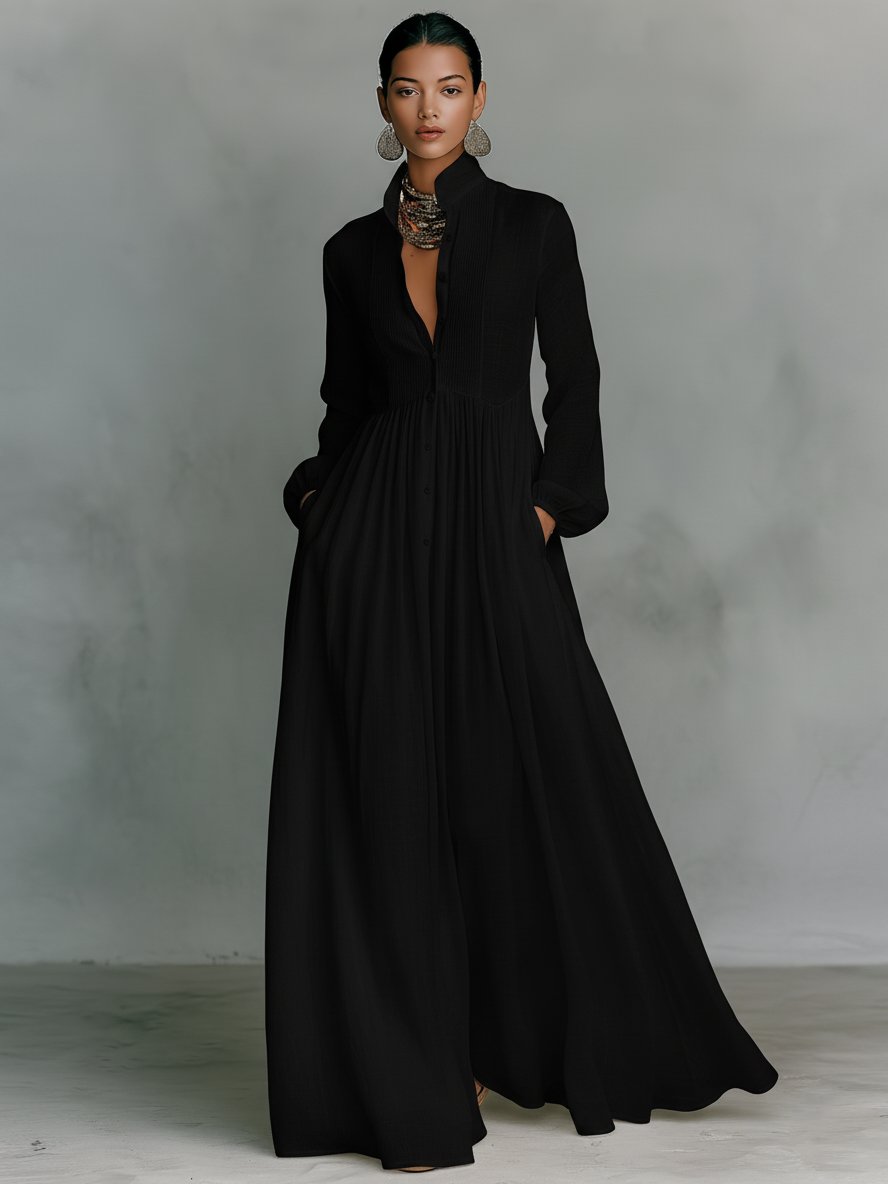 Collared A-Line Maxi Dress with a Deep Placket and Pleats