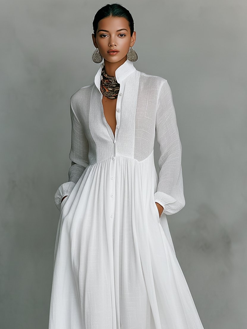 Collared A-Line Maxi Dress with a Deep Placket and Pleats