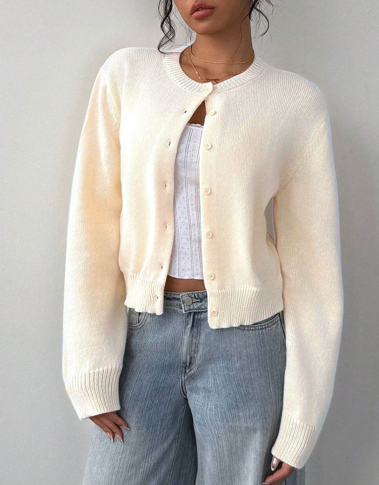 Cropped Button-Up Knit Cardigan with a Round Neck and Rib Trim in Apricot