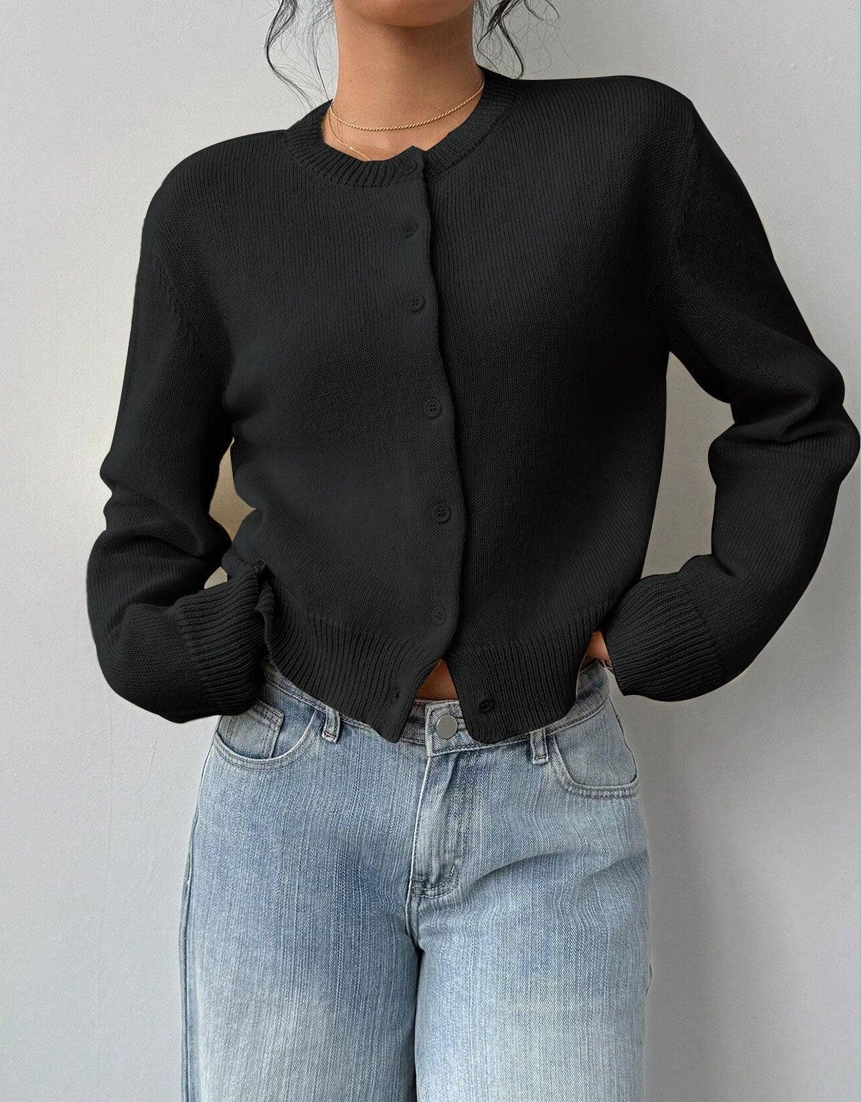 Cropped Button-Up Knit Cardigan with a Round Neck and Rib Trim in Black