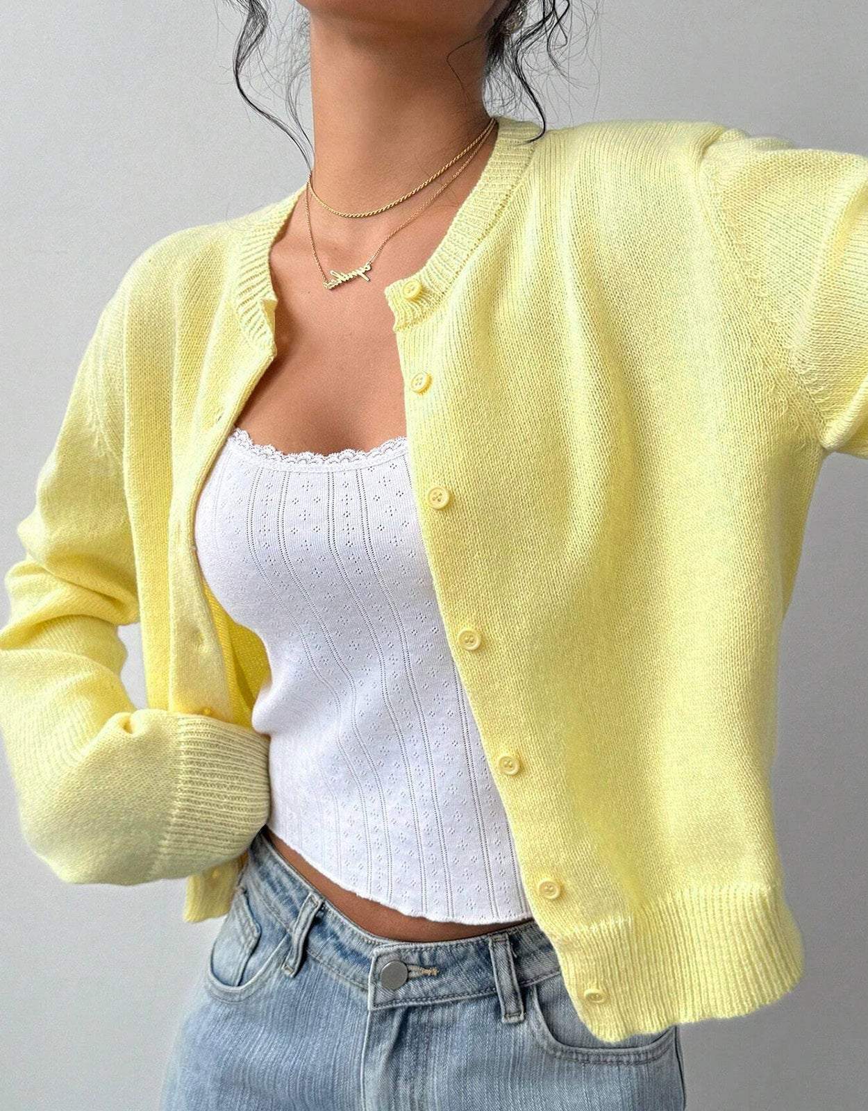 Cropped Button-Up Knit Cardigan with a Round Neck and Rib Trim in Yellow