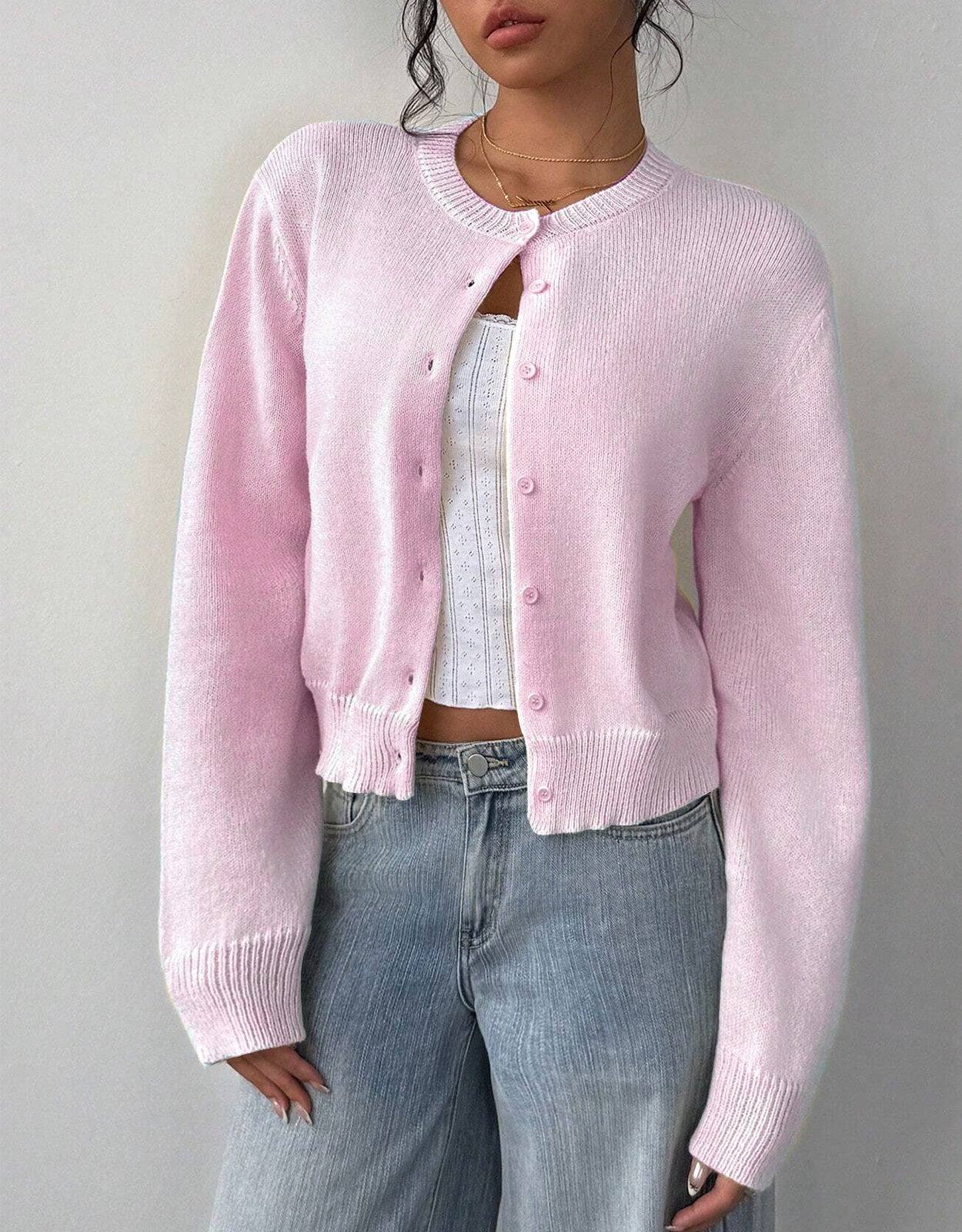 Cropped Button-Up Knit Cardigan with a Round Neck and Rib Trim in Pink