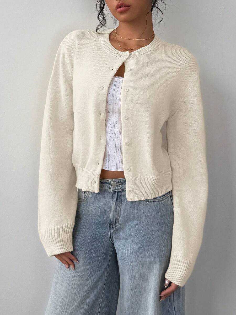 Cropped Cardigan with a Round Neck and Button Front in Beige