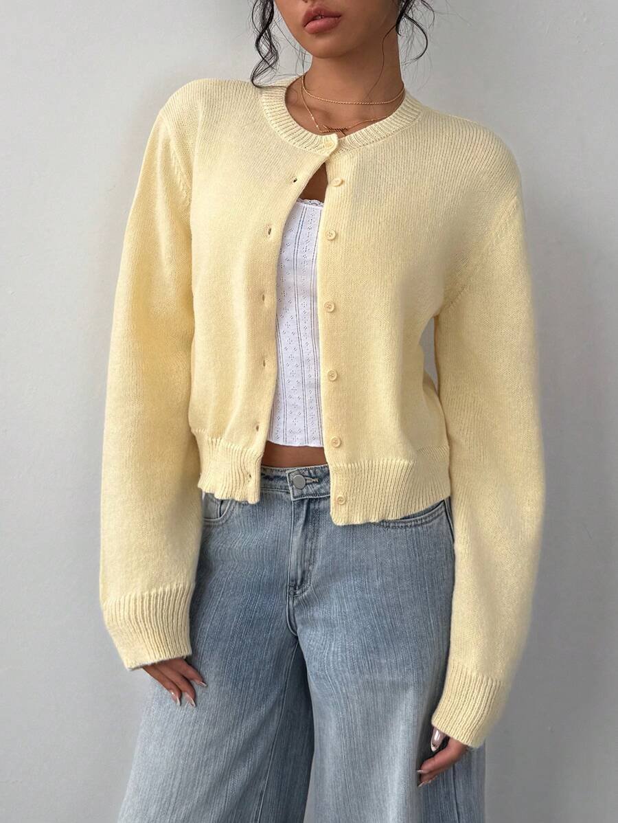 Cropped Cardigan with a Round Neck and Button Front in Yellow