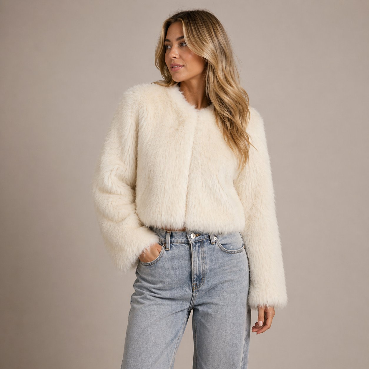 Cropped Faux Fur Jacket with an Open Front and Relaxed Cut in White