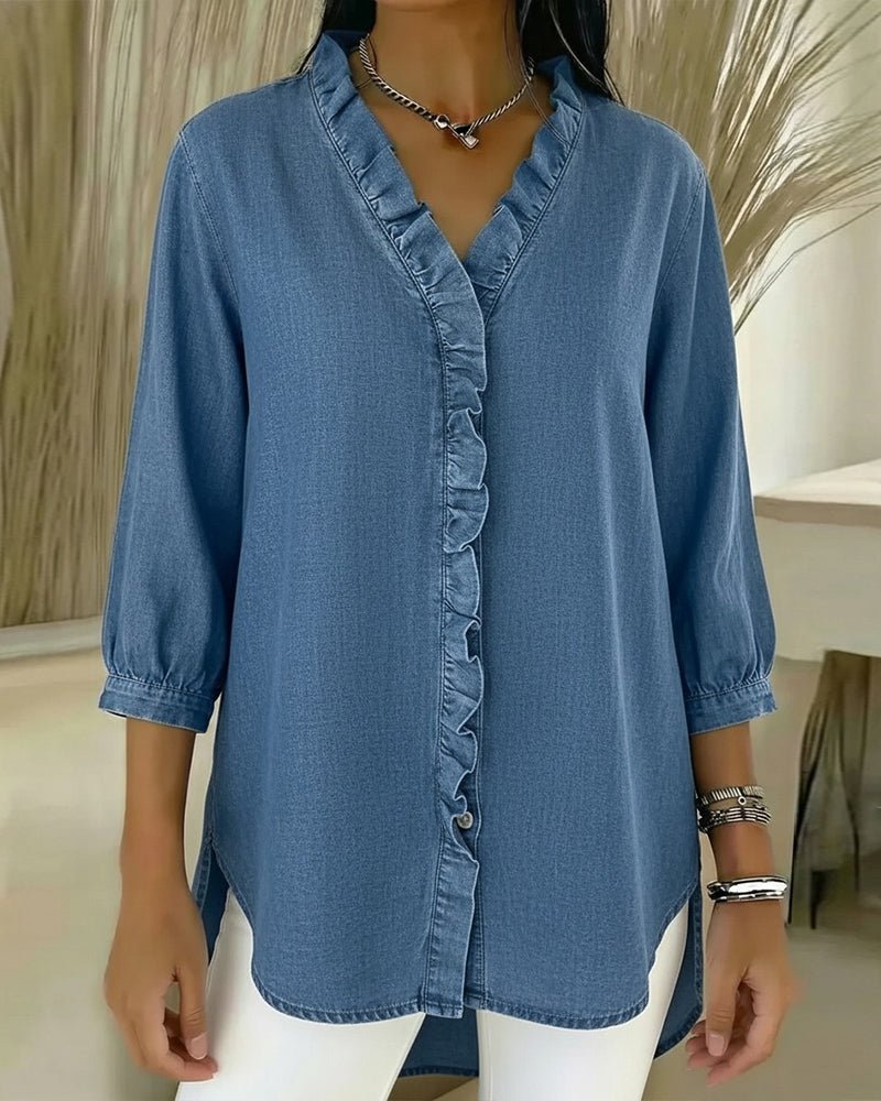 Denim Blouse with a V Neck and Ruffled Button Placket in Blue