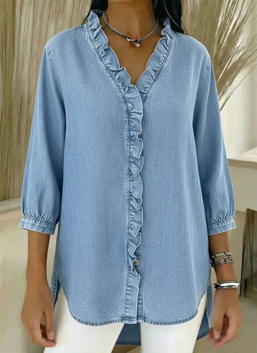 Denim Blouse with a V Neck and Ruffled Button Placket in Light Blue