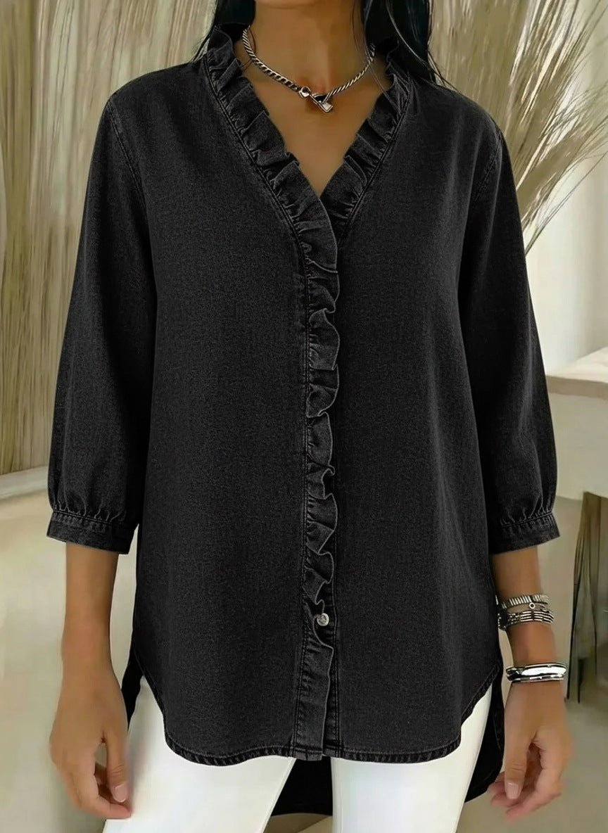 Denim Blouse with a V Neck and Ruffled Button Placket in Black