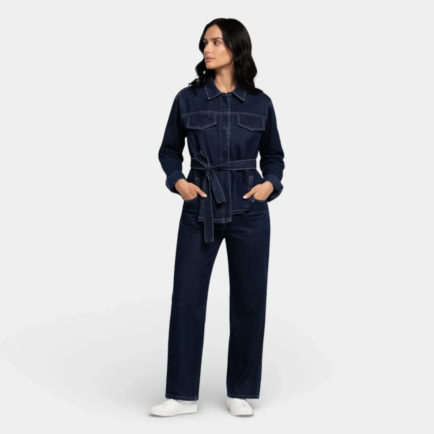 Denim Two-Piece Set with a Button Front Jacket and Straight Jeans in Dark Blue