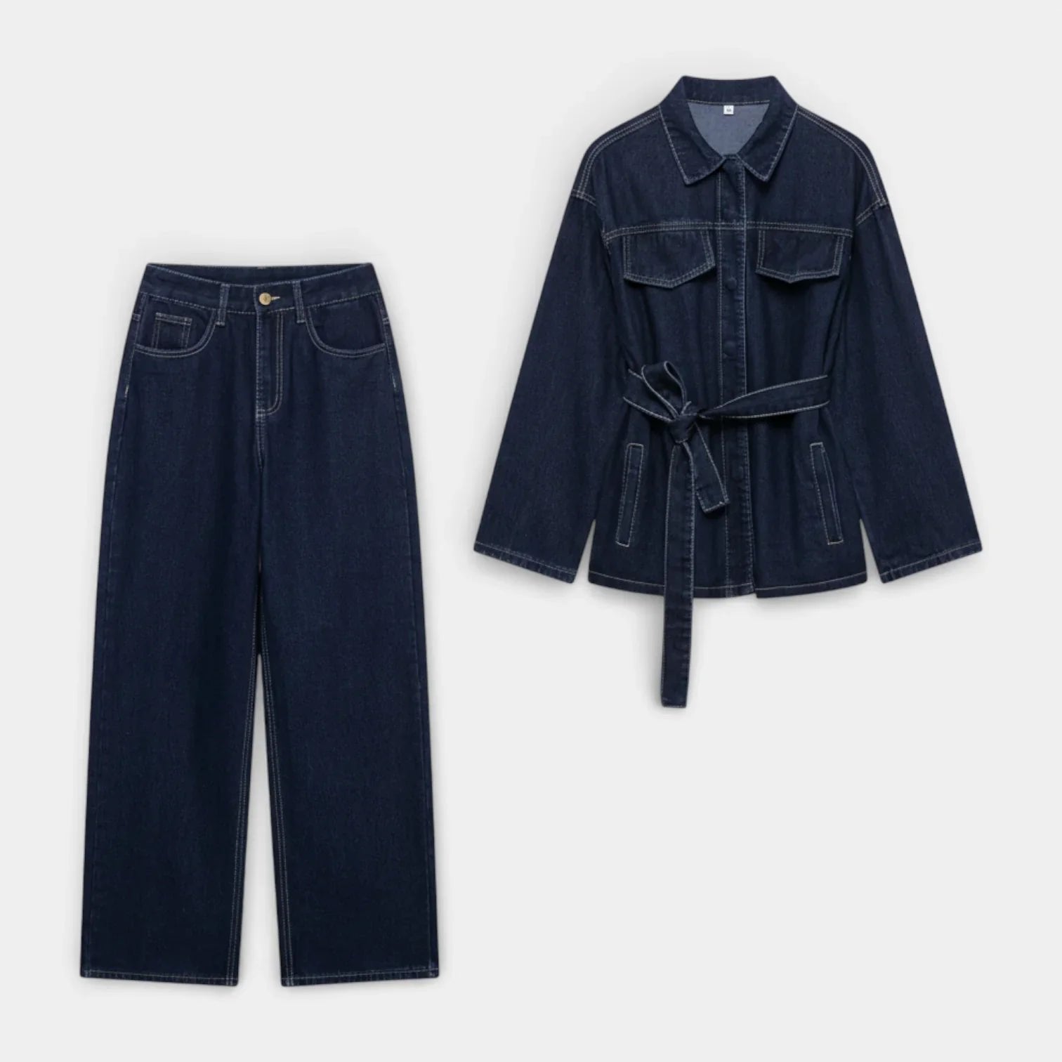Denim Two-Piece Set with a Button Front Jacket and Straight Jeans