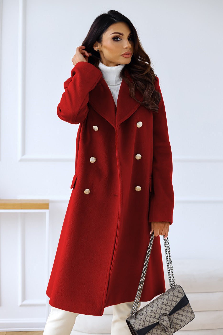 Double-Breasted Long Coat with Gold Buttons and Notched Lapels in Red