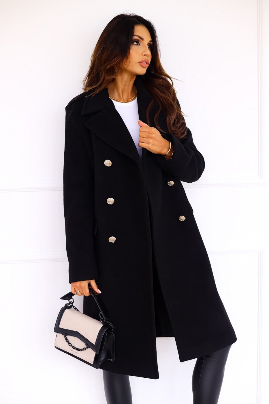 Double-Breasted Long Coat with Gold Buttons and Notched Lapels