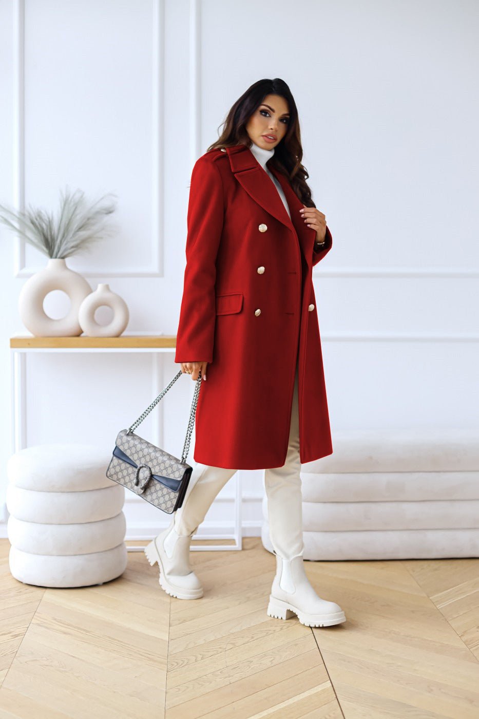 Double-Breasted Long Coat with Gold Buttons and Notched Lapels