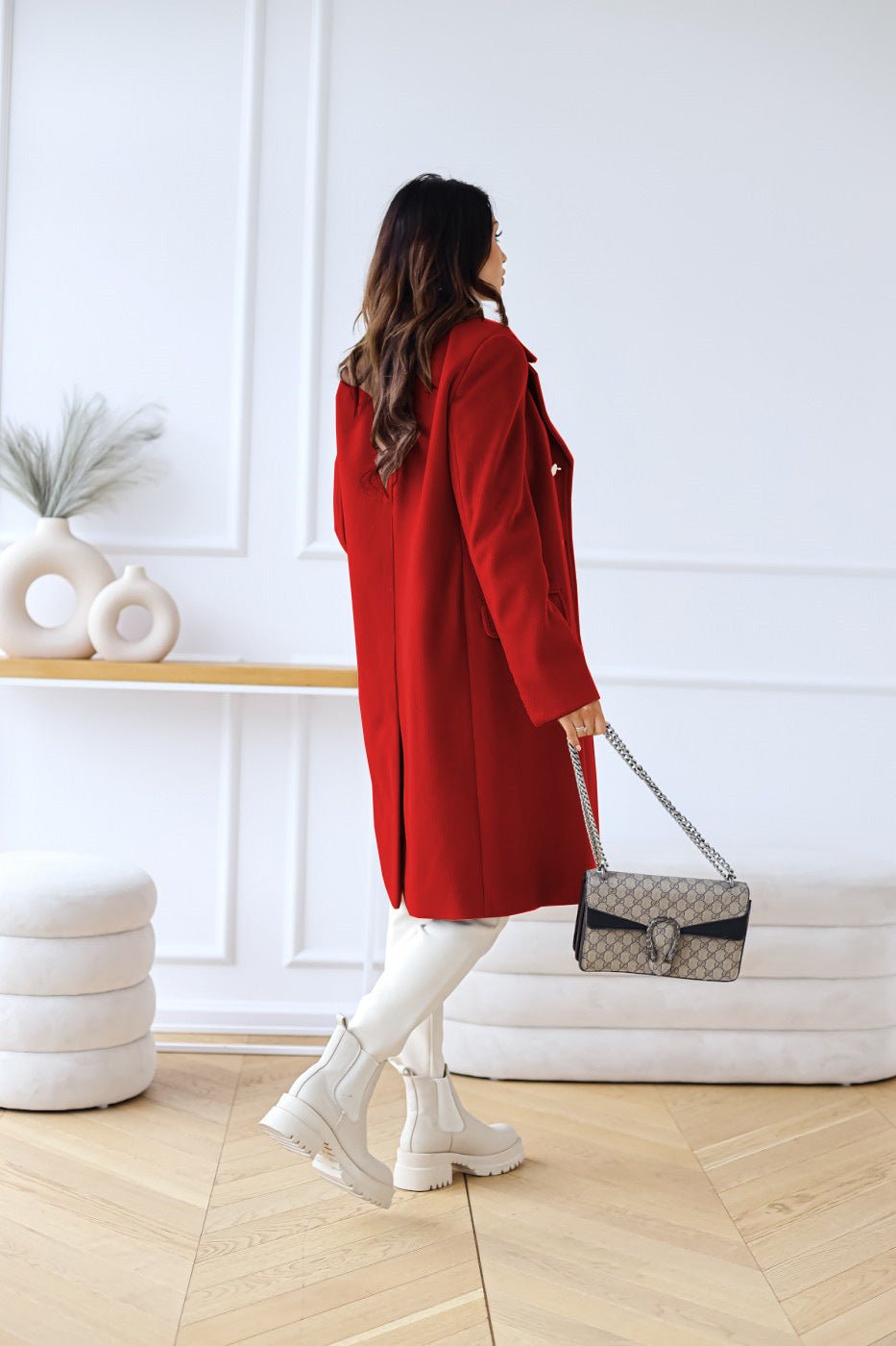 Double-Breasted Long Coat with Gold Buttons and Notched Lapels
