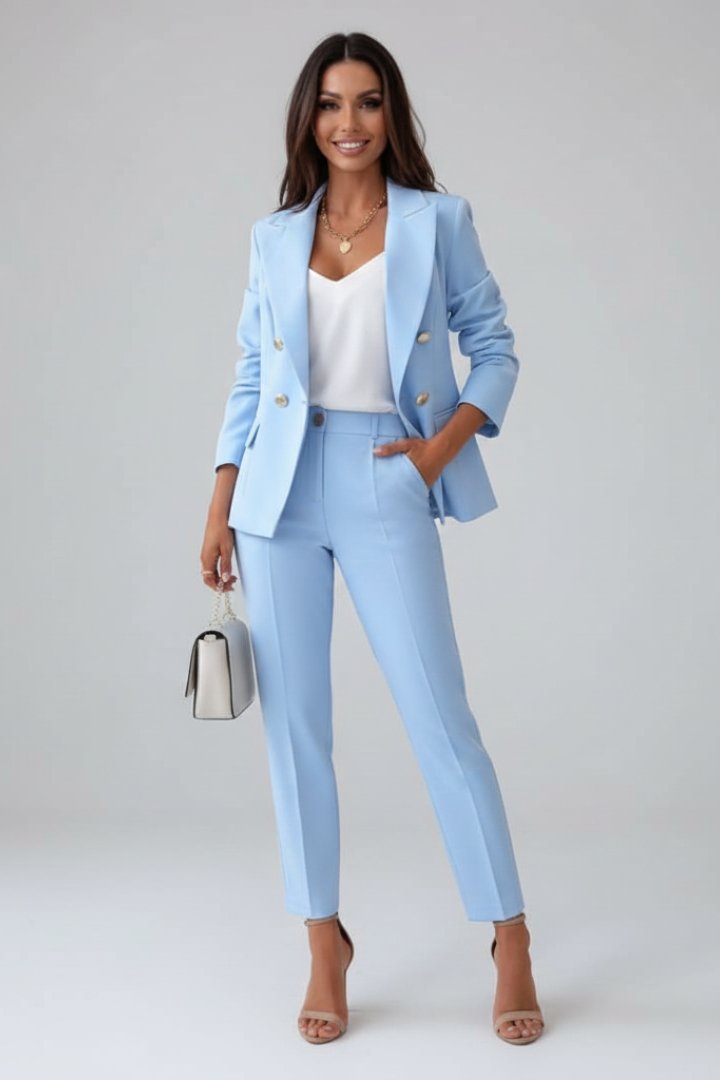 Double-Breasted Two-Piece Suit Set with Metal Buttons in Light Blue